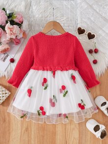 Cozy Pixies Baby Girl Casual Comfortable Daily Versatile Red Long Sleeve Patchwork White Tulle Autumn Dress - Multicolor - View 2