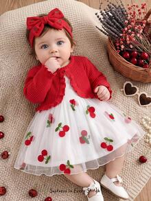 Cozy Pixies Baby Girl Casual Comfortable Daily Versatile Red Long Sleeve Patchwork White Tulle Autumn Dress - Multicolor - View 1