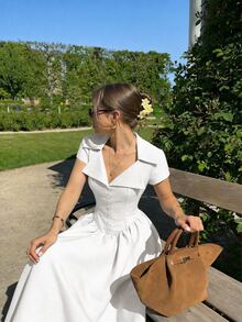 Skyraze Women's Elegant Solid Color Waist Cinched Mid-Length Dress, Summer,Summer Dresses For Women - White - View 8
