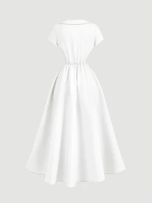 Skyraze Women's Elegant Solid Color Waist Cinched Mid-Length Dress, Summer,Summer Dresses For Women - White - View 5