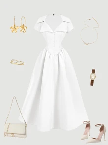 Skyraze Women's Elegant Solid Color Waist Cinched Mid-Length Dress, Summer,Summer Dresses For Women - White - View 9