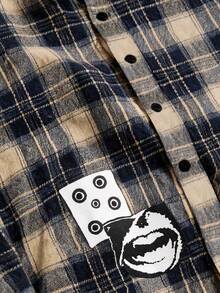 ROMWE MEN Men's Spring/Autumn Casual College Street Style Fashion Letter Plaid Print Long Sleeve Shirt - Multicolor - View 3