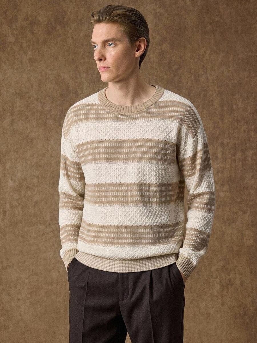 Formmaro Men's Striped Colorblock Casual Daily Wear Long Sleeve Sweater, Old Money - Multicolor - View 1