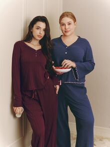 LUVLETTE Cloud Soft Fall Women's V-Neck Button Brown-Red Pullover Long-Sleeved Trousers Loungewear Set, Ribbed Textured Fabric, Lounge Sets For Women Graphic - Burgundy - View 12