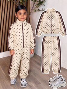 SHEIN Young Girls 4-7Y Polka Dot Print Stand Collar Zip Up Jacket & Joggers 2pcs Set, Retro Sporty Spring Fall Outfits For Daily School - Apricot - View 4