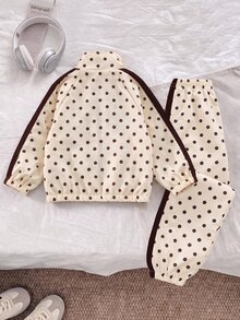 SHEIN Young Girls 4-7Y Polka Dot Print Stand Collar Zip Up Jacket & Joggers 2pcs Set, Retro Sporty Spring Fall Outfits For Daily School - Apricot - View 2