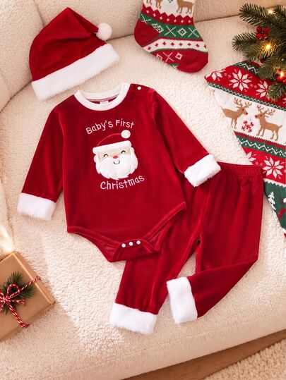 SHEIN 2 Peças Bodysuit de Bebê Recém-Nascido Menino Fofo Doce Vermelho e Branco com Patch de Papai Noel, Acabamento Felpudo, Manga Longa, Gola Redonda, Festa de Natal, Inverno, Navidad, Primeiro Bodysuit do Bebê