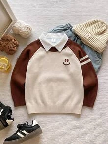 4-7歲男孩秋冬圓領毛衣，咖啡色與米色拼接配色，插肩袖，笑臉提花條紋袖，套頭針織上衣，休閒毛衣 - 棕色 - 查看 11