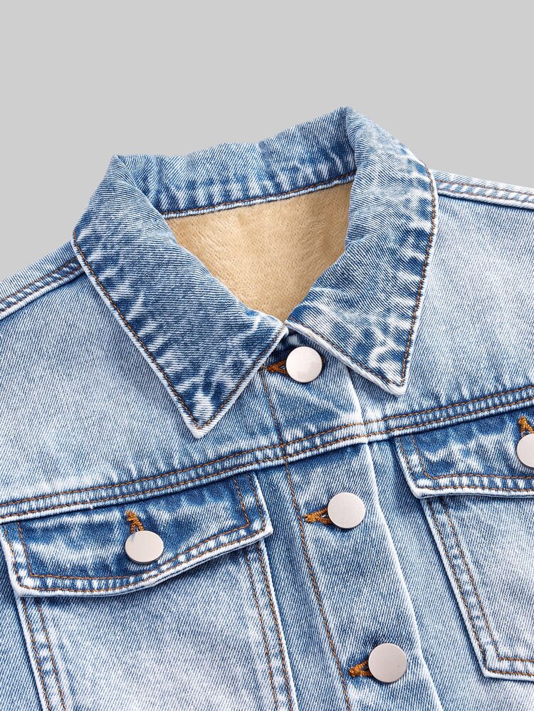 SHEIN Girls' Fashion Apricot Composite Fleece Denim Jacket, Casual Versatile Denim Outerwear, Suitable For Back To School, Autumn And Winter Wear - Medium Wash - View 5