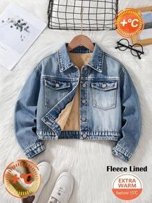 SHEIN Áo khoác denim phối lông cừu màu mơ thời trang cho bé gái, áo khoác denim casual đa năng, phù hợp đi học, mặc mùa thu và mùa đông - Rửa trung bình - Xem 3