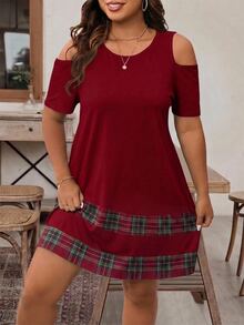 EMERY ROSE 聖誕萬聖節大尺碼極簡休閒對比色格紋露肩短袖寬鬆圓領洋裝，時尚女款適合外出穿著 - 紅色 - 查看 1