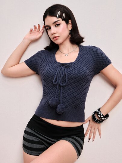 Sweetness Autumn/Winter Sweet Casual Puff Short Sleeve Large Scoop Neck Pom Pom Decor Vintage Crochet Women's Sweater, Can Be Worn Alone Or Layered