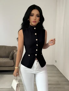 SHEIN 老錢風黑色夏季優雅辦公室純色無袖背心，立領前開襟設計金鈕扣裝飾教師節 - 黑色 - 查看 8