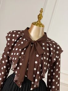 Rometta Plus Size Women's Autumn/Winter French Polka Dot Blouse, Design-Focused Niche Ruffle Trim Fitted Sweet Ribbon Top, Youthful Style Fall - Brown - View 7