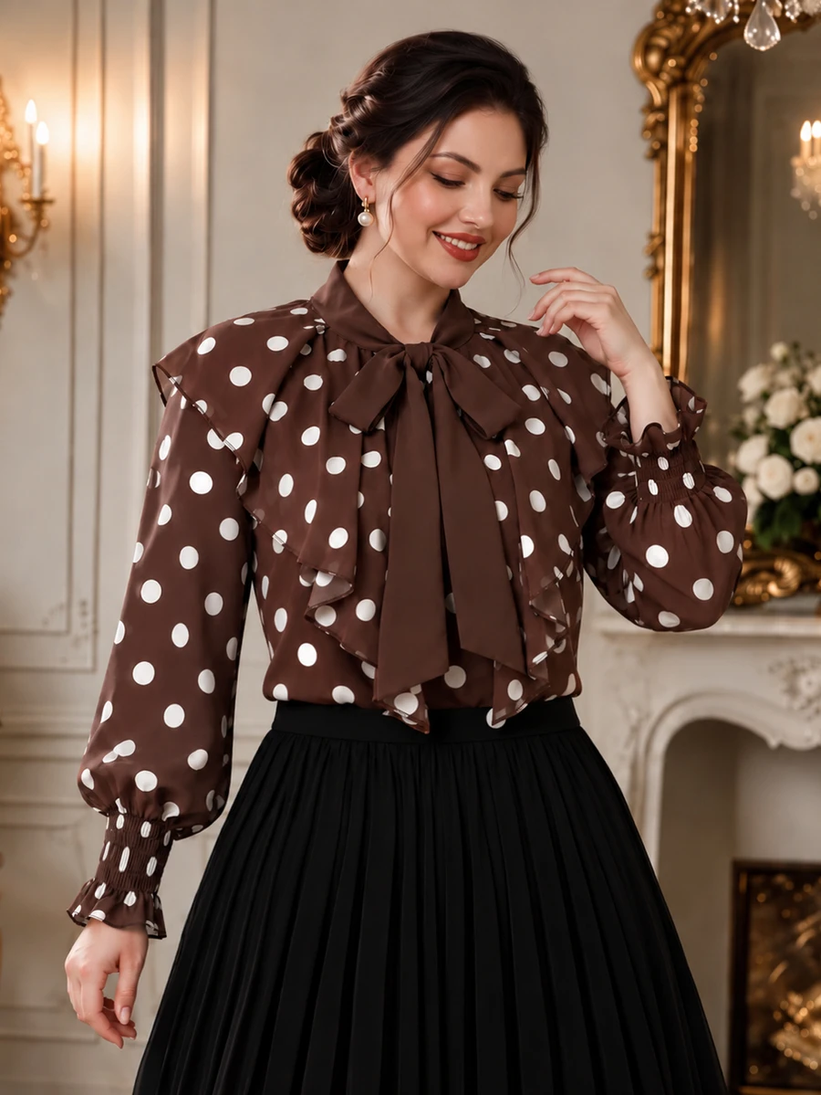 Rometta Plus Size Women's Autumn/Winter French Polka Dot Blouse, Design-Focused Niche Ruffle Trim Fitted Sweet Ribbon Top, Youthful Style Fall