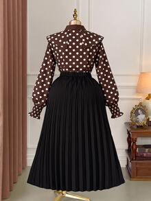 Rometta Plus Size Women's Autumn/Winter French Polka Dot Blouse, Design-Focused Niche Ruffle Trim Fitted Sweet Ribbon Top, Youthful Style Fall - Brown - View 3