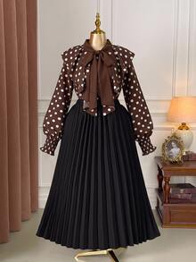 Rometta Plus Size Women's Autumn/Winter French Polka Dot Blouse, Design-Focused Niche Ruffle Trim Fitted Sweet Ribbon Top, Youthful Style Fall - Brown - View 8