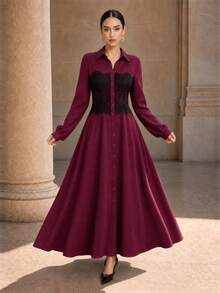 Graceveil Spring/Autumn Design Shirt Collar Lace Patchwork Long Sleeve Slim Fit Flattering A-Line Daily Commute Women's Youthful Long Dress - Burgundy - View 6