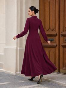 Graceveil Spring/Autumn Design Shirt Collar Lace Patchwork Long Sleeve Slim Fit Flattering A-Line Daily Commute Women's Youthful Long Dress - Burgundy - View 2
