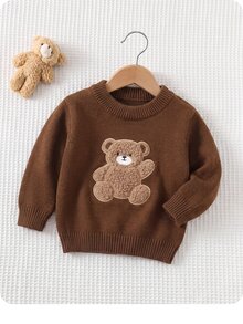 男嬰毛巾刺繡3D熊圖案圓領套頭長袖秋冬針織衫 - 棕色 - 查看 1