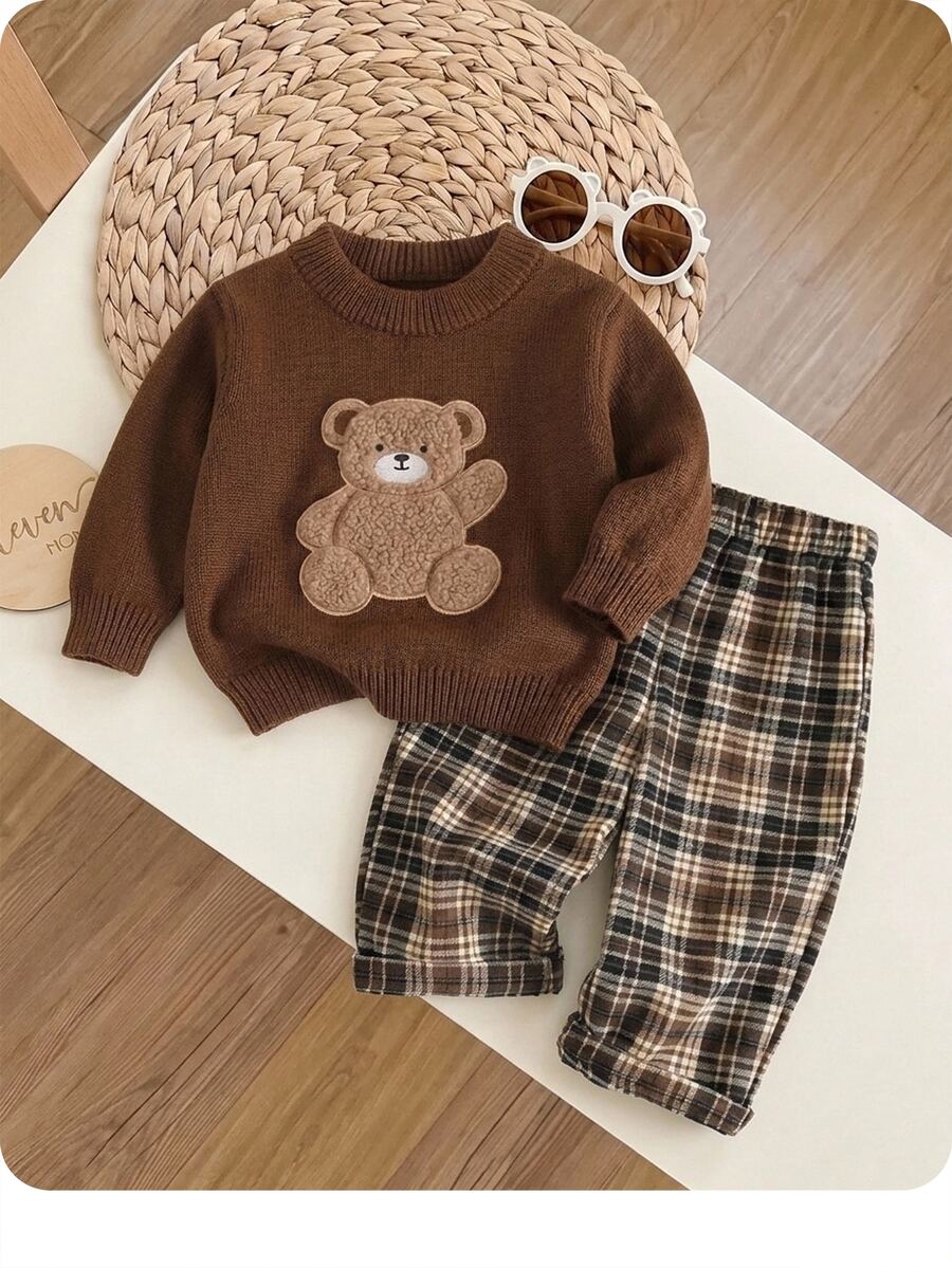 Baby Boy Towel Embroidery 3D Bear Pattern Crew Neck Pullover Long Sleeve Autumn Winter Sweater - Brown - View 1