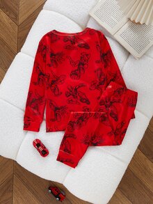 Bộ 2 món áo dài tay ôm sát và quần cho bé trai, in mặt nạ siêu anh hùng, chất vải mềm mại thoải mái, quà tặng hoàn hảo cho bé trai - Đỏ - Xem 2