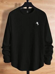 AXEPEAK 男士大尺碼休閒紋理圓領長袖T恤，刺繡馬刺圖案，適合秋季、度假、父親節禮物、足球 - 黑色 - 查看 2