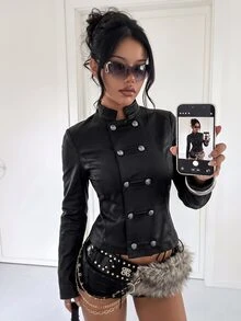 Jeanoix Y2K Double-Row Metal Buckle Stand Collar Design Black Faux Leather PU Motorcycle Jacket - Black - View 1