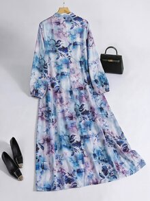 Mulvari 女款優雅端莊休閒通勤正式家庭之夜白色阿拉伯風洋裝，秋季時裝週辦公穿搭 - 藍色 - 查看 3