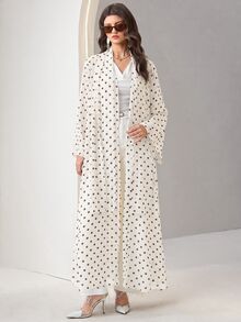 Al Najma 女款法式波點印花長袖白色阿巴亞，正式洗禮賓客 Ninang 婚禮居家辦公秋季端莊優雅現代風 - 白色 - 查看 4