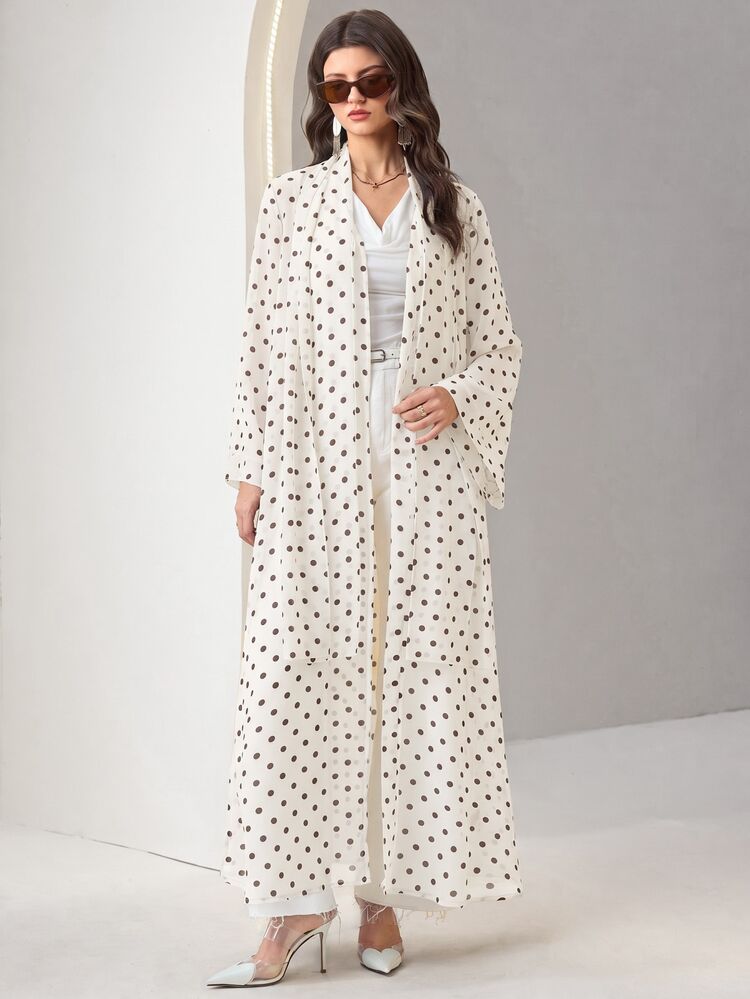 Al Najma Áo Abaya nữ màu trắng họa tiết chấm bi kiểu Pháp, tay dài, trang trọng, lịch sự, thanh lịch hiện đại, phù hợp làm khách dự lễ rửa tội, Ninang, đám cưới, mặc ở nhà và đi làm mùa thu - trắng - Xem 4