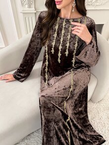 Al Najma Women's Applique Decorated Round Neck Long Sleeve Elegant Arabian Dress - Coffee Brown - View 8