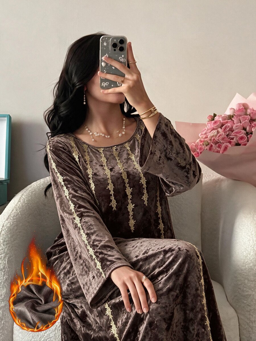 Al Najma Women's Applique Decorated Round Neck Long Sleeve Elegant Arabian Dress - Coffee Brown - View 1