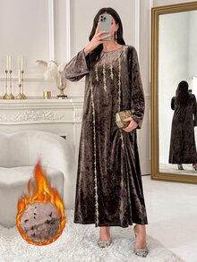 Al Najma Women's Applique Decorated Round Neck Long Sleeve Elegant Arabian Dress - Coffee Brown - View 3