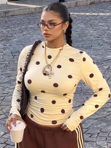 Muchica Polka Dot Casual Plus Size Women's T-Shirt Fall - Multicolor - View 2