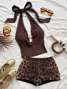 Soleia Women's Summer Fashion Sexy Backless Halter Top & Shorts Leopard Print Sequin 2 Pieces Set, Halloween, Christmas, Shiny Pants, Women's Beach Outfit - Multicolor - View 1