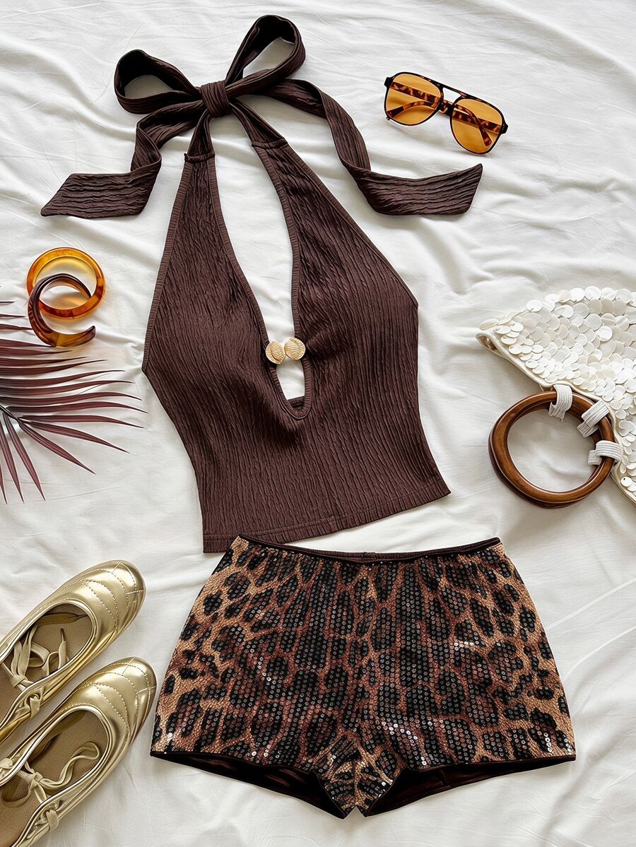 Soleia Women's Summer Fashion Sexy Backless Halter Top & Shorts Leopard Print Sequin 2 Pieces Set, Halloween, Christmas, Shiny Pants, Women's Beach Outfit - Multicolor - View 1