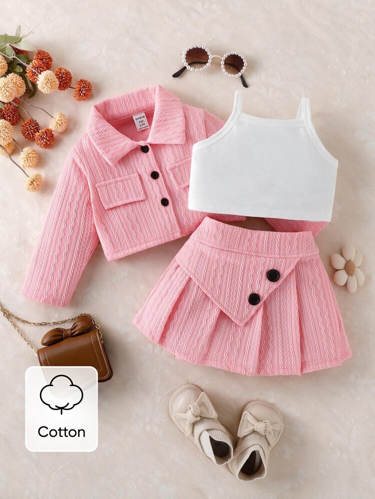 SHEIN Bộ 3 món phong cách vintage cho bé gái, áo khoác cài nút, chân váy dệt xếp ly màu hồng, phối gia đình, màu trắng, cho mùa xuân thu, phong cách sân bay - Hồng - Xem 1