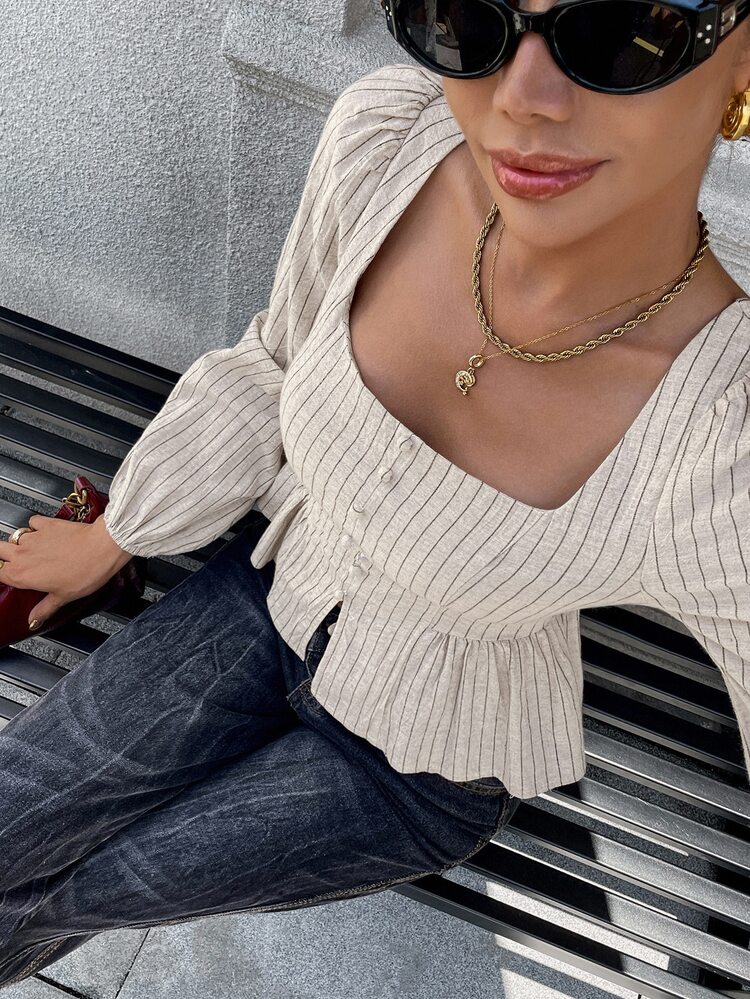 SHEIN 米色秋季優雅女款職場方領法式條紋襯衫，燈籠袖、荷葉邊、收腰棉質上衣 - 卡其色 - 查看 7