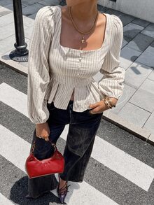 SHEIN 米色秋季優雅女款職場方領法式條紋襯衫，燈籠袖、荷葉邊、收腰棉質上衣 - 卡其色 - 查看 6
