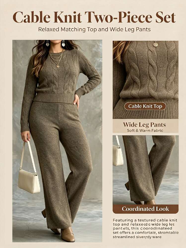 Linhara Plus Size Solid Cable Knit Sweater & Knit Pants Set Winter - Dark Green - View 3