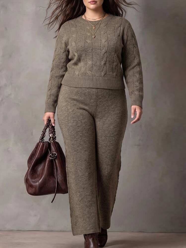 Linhara Plus Size Solid Cable Knit Sweater & Knit Pants Set Winter - Dark Green - View 1