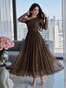 Modelyn Women's Fashion Asymmetrical Shoulder Long Sleeve Dress For Party - Coffee Brown - View 1