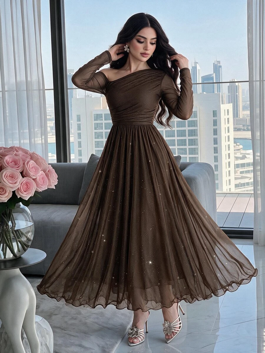 Modelyn Women's Fashion Asymmetrical Shoulder Long Sleeve Dress For Party - Coffee Brown - View 1