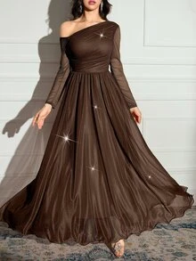 Modelyn Women's Fashion Asymmetrical Shoulder Long Sleeve Dress For Party - Coffee Brown - View 7