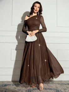 Modelyn Women's Fashion Asymmetrical Shoulder Long Sleeve Dress For Party - Coffee Brown - View 6