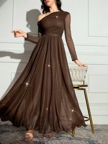 Modelyn Women's Fashion Asymmetrical Shoulder Long Sleeve Dress For Party - Coffee Brown - View 4