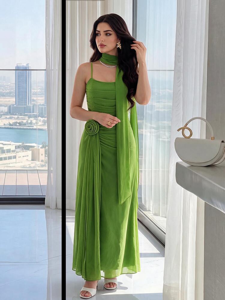 Feyla Women's Elegant Romantic Solid Color 3D Floral Ribbon Decor Olive Green Slit Front Long Slip Dress Dinner Summer - Green - View 1