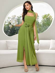 Feyla Women's Elegant Romantic Solid Color 3D Floral Ribbon Decor Olive Green Slit Front Long Slip Dress Dinner Summer - Green - View 8