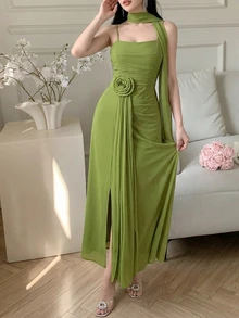 Feyla Women's Elegant Romantic Solid Color 3D Floral Ribbon Decor Olive Green Slit Front Long Slip Dress Dinner Summer - Green - View 9